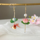 Lotus and Fish Earrings, Lily pad and Lotus flower dangle earrings, water lily Lotus earrings